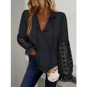 Black Blouse Loose Fit V-Neck Top with Ties Sheer Bishop Sleeves